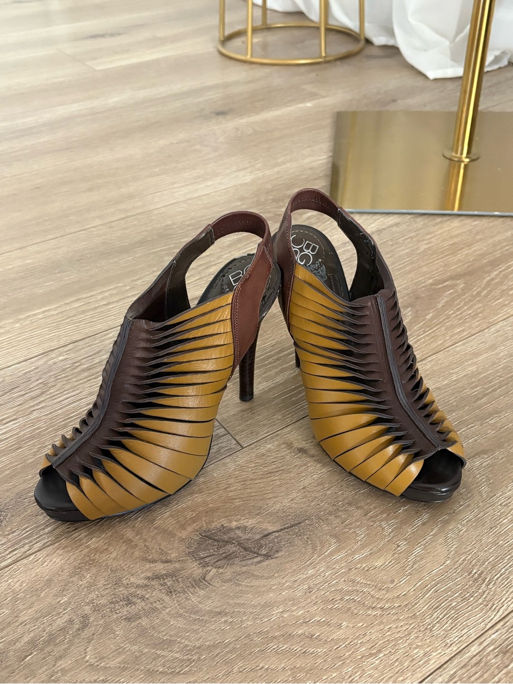 BCBGeneration Mustard Yellow and Brown Cutout Peep-Toe Slingback Heels - Picture 3 of 12